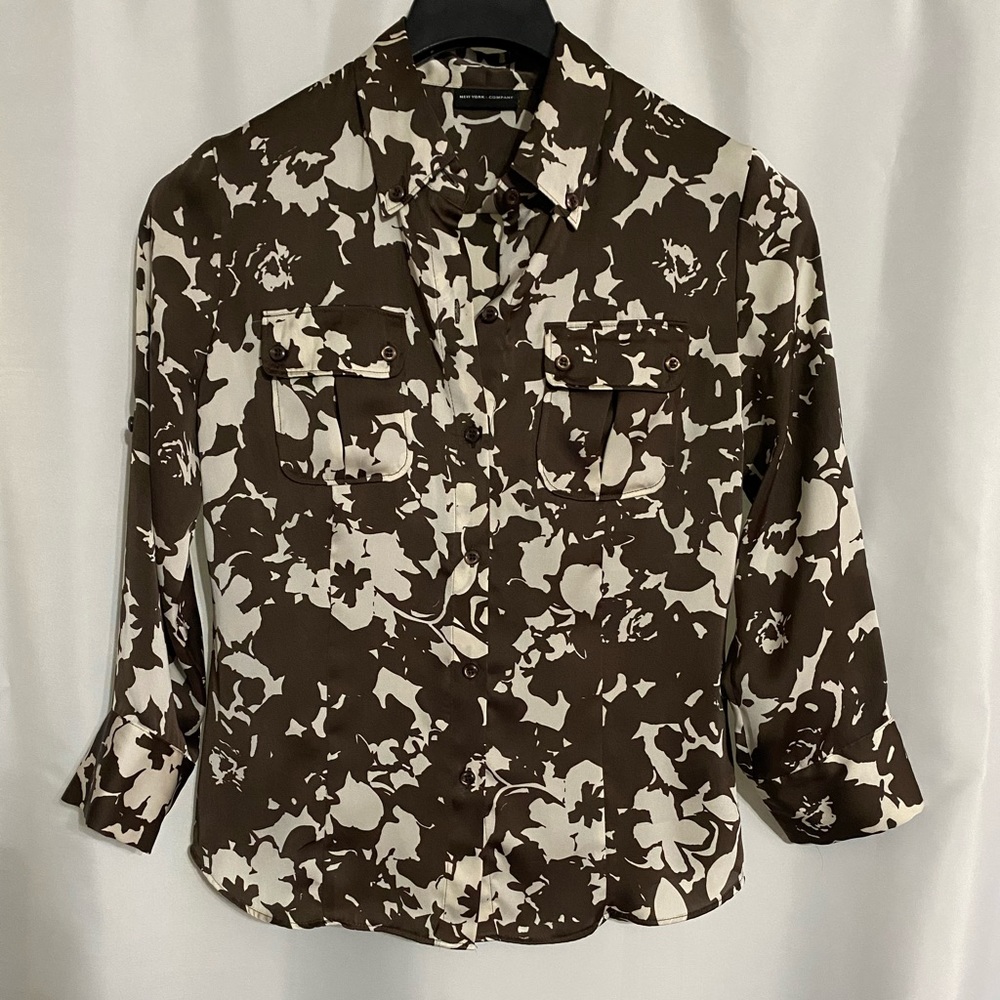 New York & company Brown cream Blouse